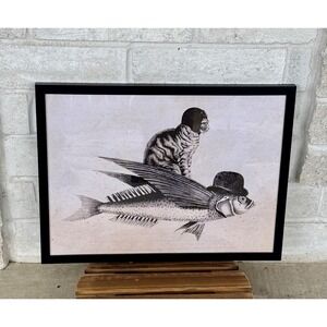 12 x 16 Cat Flying On A Goldfish Framed Print Black Frame New
